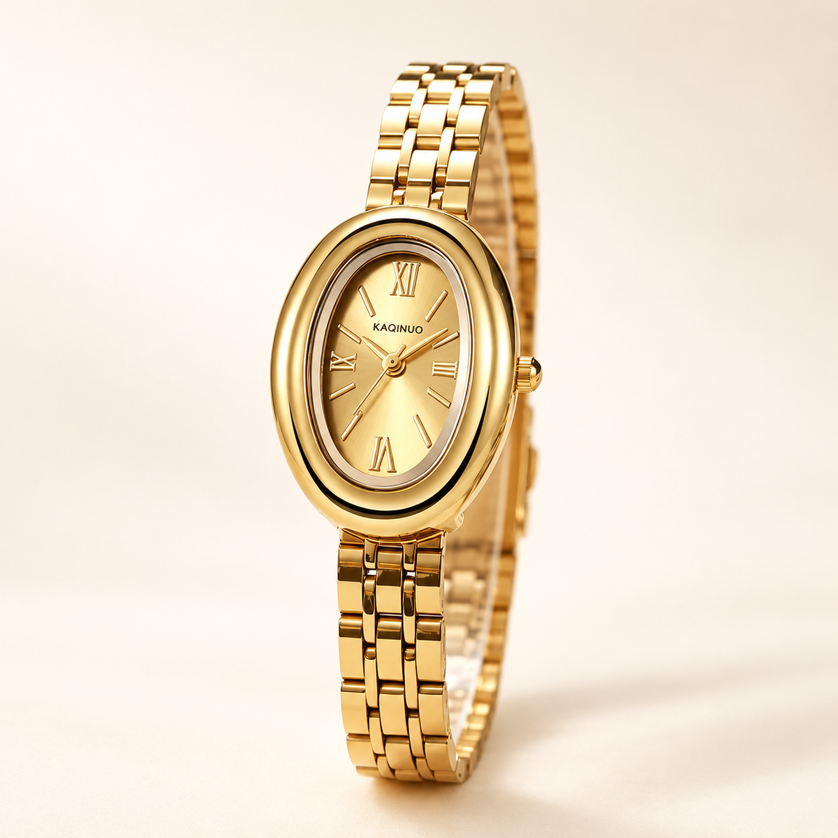 Vintage Poise Watch, gold / gold, on a beige background