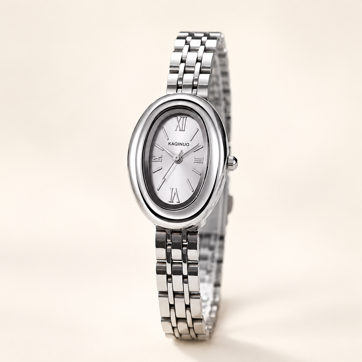 Vintage Poise Watch, silver / white, on a beige background