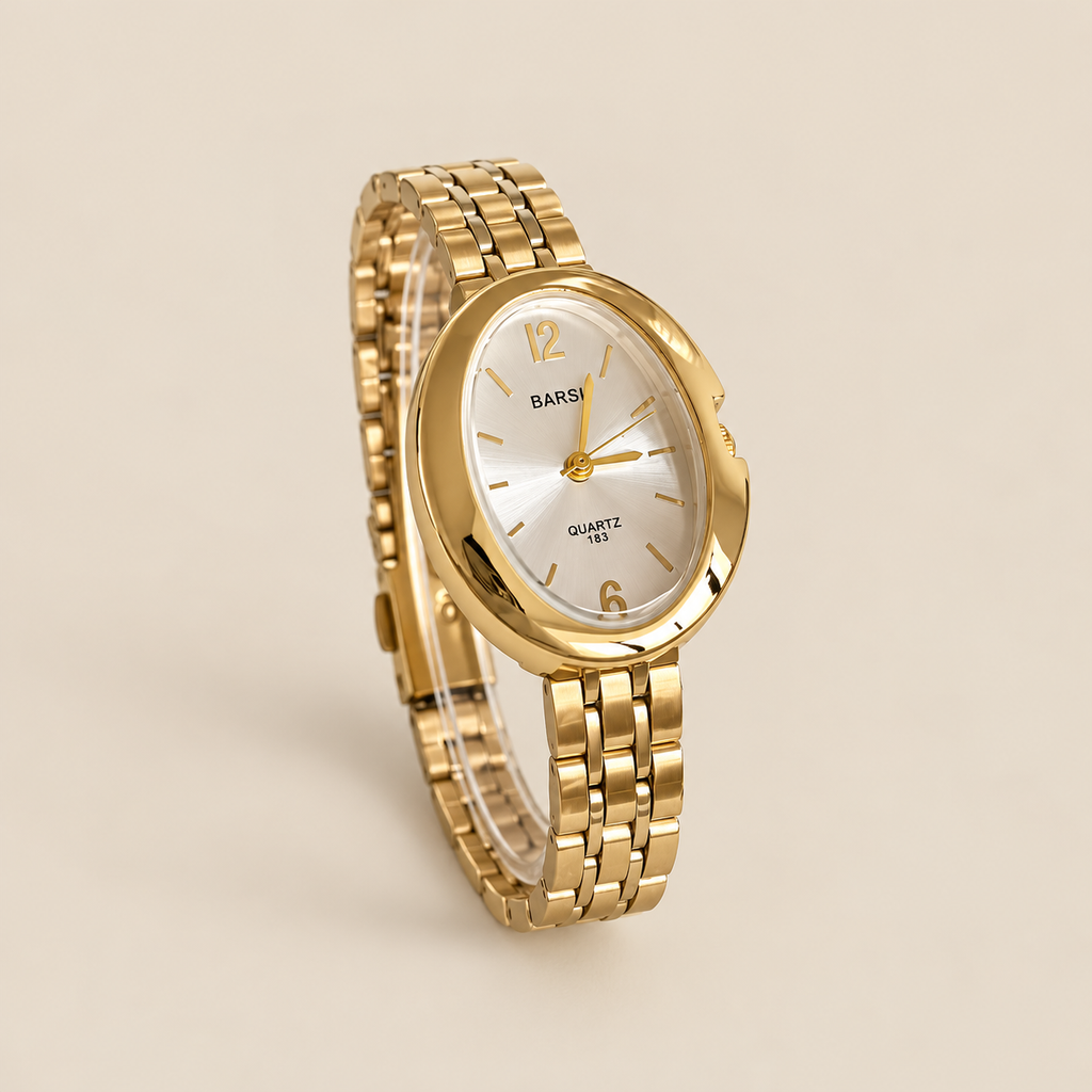 Golden Muse Watch, gold / white, on a beige background
