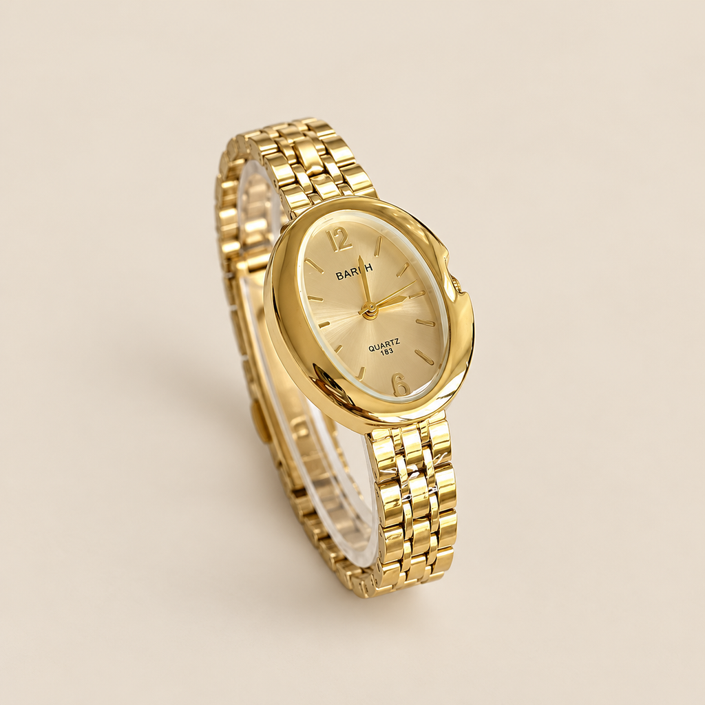 Golden Muse Watch, gold / gold, on a beige background