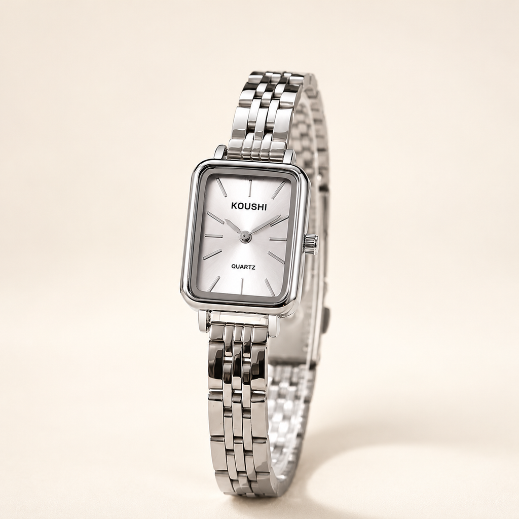 Celeste Watch, silver / white, on a beige background