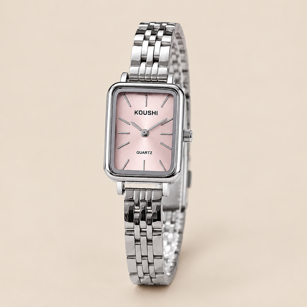 Celeste Watch, silver / pink, on a beige background