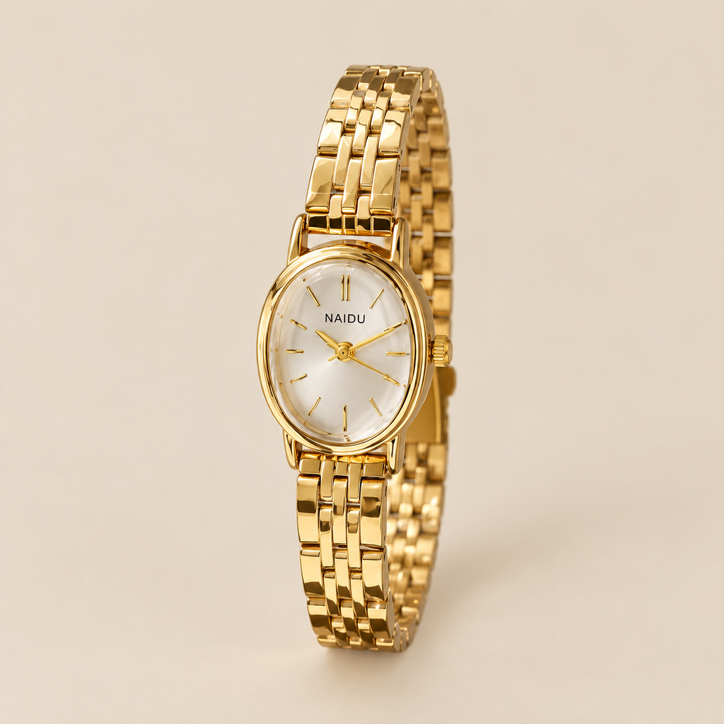 Petite Watch, gold / white, on a beige background