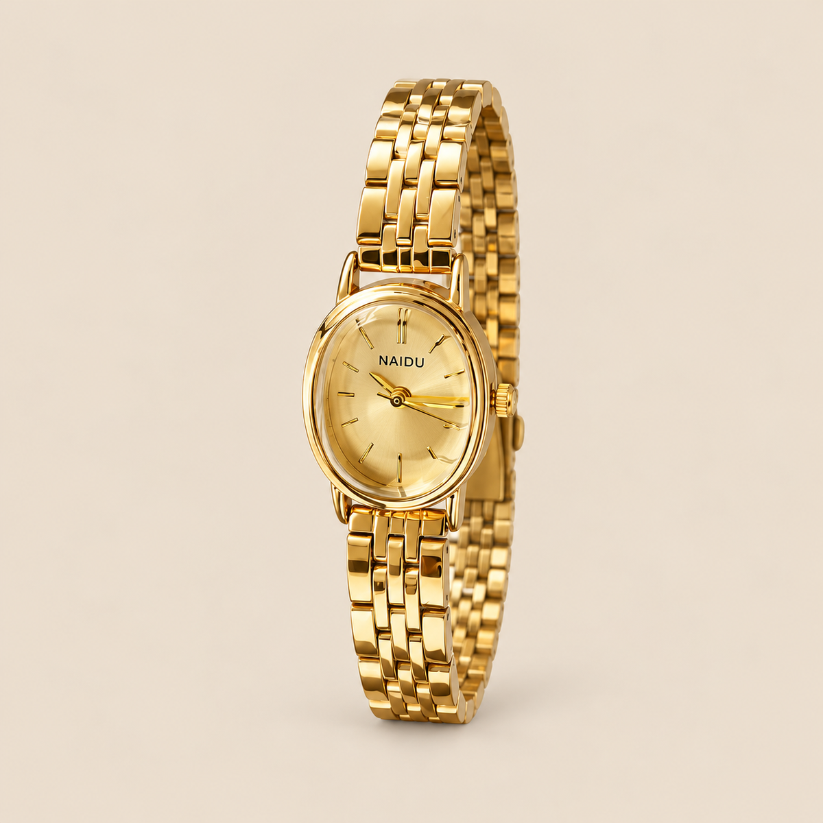 Petite Watch, gold / gold, on a beige background