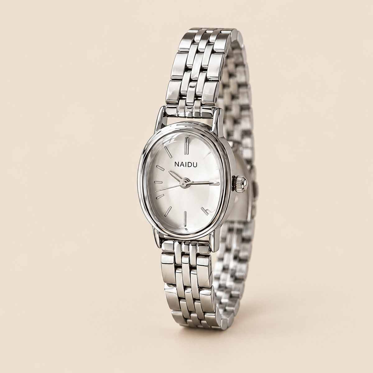 Petite Watch, silver / white, on a beige background